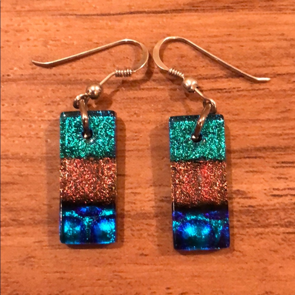 Artisan made dichroic glass dangle earrings